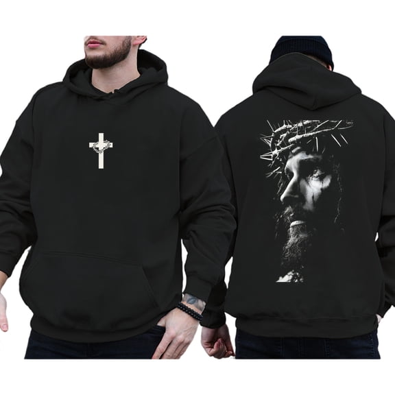 Jesus Face with Cross Double Sided Christian Hoodie – Faith Based Religious Pullover, Inspirational Christ Graphic Hoodie for Men and Women
