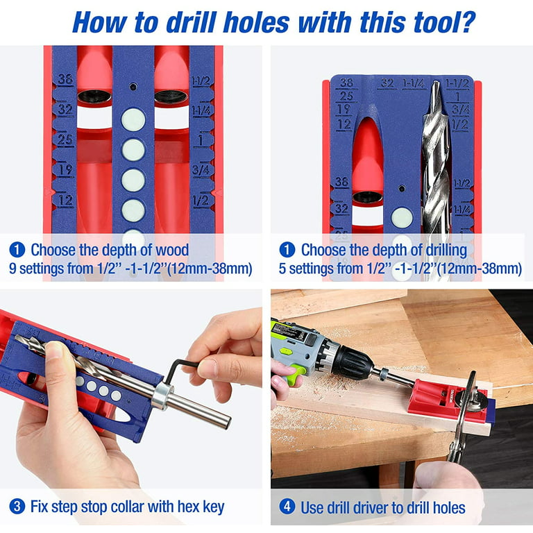 HOWOD Pocket Hole Jig Kit, Professional All-Metal Pocket Screw Jig Tool  System. 