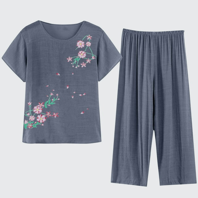 Hauts Courts zanvins pour Femmes Aguichant, Femmes Été Décontracté Ensemble 2 Pcs Pyjamas Manches Courtes Col Rond Haut/chemise Ensemble Coton Soie Costume Grande Taille Confortable Respirant Cardigan Bouton Poche