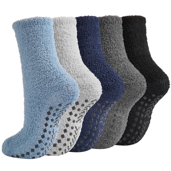 FREEYOKA Anti-Slip Fuzzy Socks for Men 5 Pairs Slipper Cozy Socks with Grips Non Slip House Socks Sleeping Warm Socks
