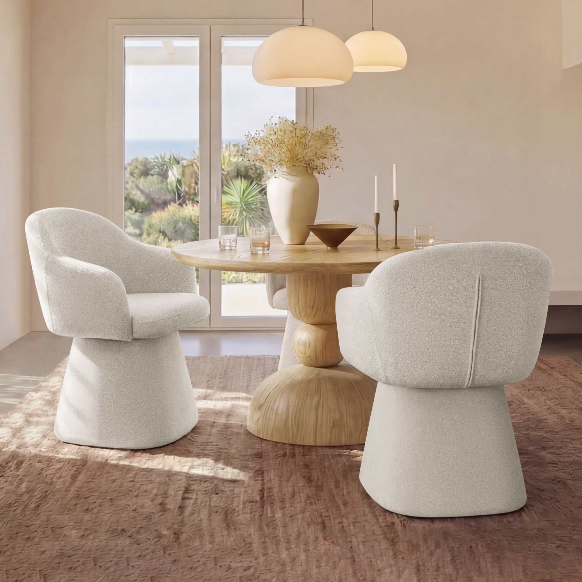 Spruce & Spring 360° Swivel Dining Chair, Spill-Proof & Stain Resistant Barrel Armchair with Rotating Base, Modern Upholstered Seat and Removable Back Support Pillow for Kitchen Living Room, Ivory