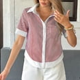thumbnail image 4 of Womens Tops Basic Summer Casual Solid Color Button Embroidered Hollow-out Short-sleeved Top, 4 of 6