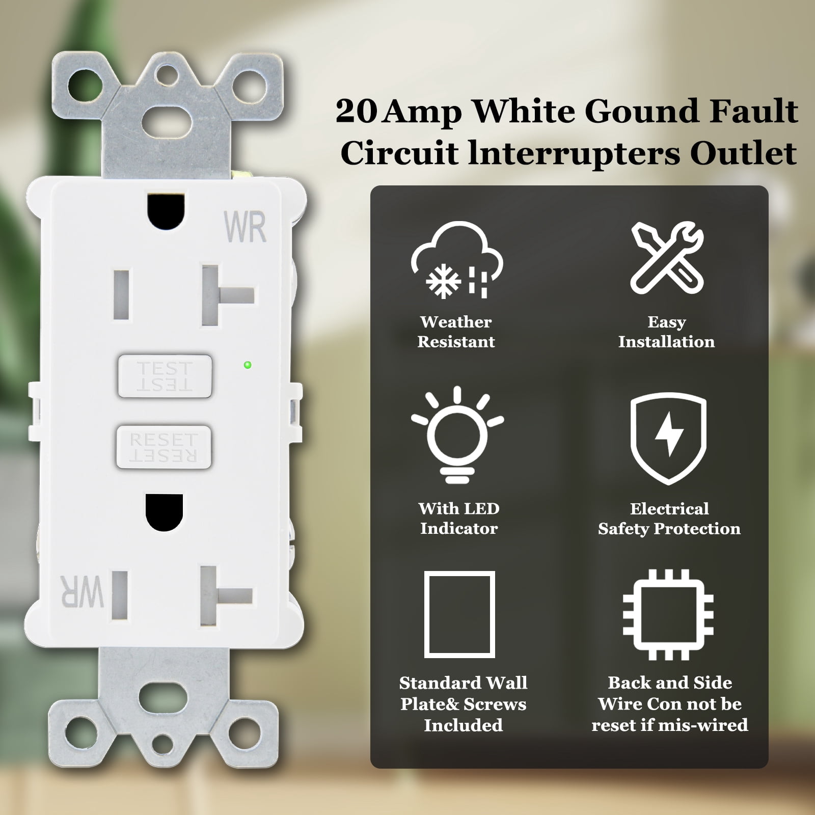 Slim GFCI Outlet 20 Amp,White GFCI Outlet Weather Resistant,GFCI Thin Outlets Receptacle with LED Indicator,125 Volt,ETL Certified,Wallplate and Screws Included,White 2PK