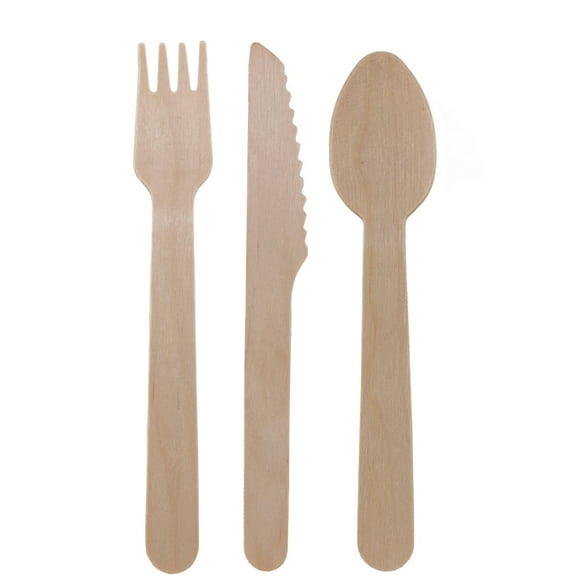 BambooMN 5.5" Small Disposable Wood Fork,Knife, Spoon Set, 100 Pieces (Each Piece contains one set)