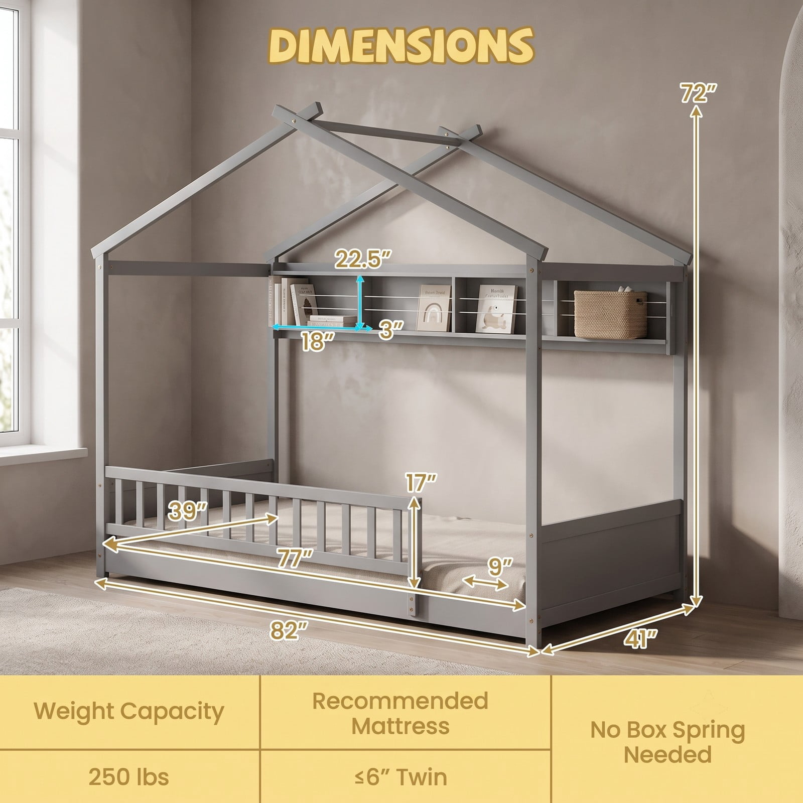 Furnibear Twin Bed Frame with Headboard, House Bed with 4 Cube Storage Shelf and 17 Inch Safety Guardrails for Kids Room, Gray