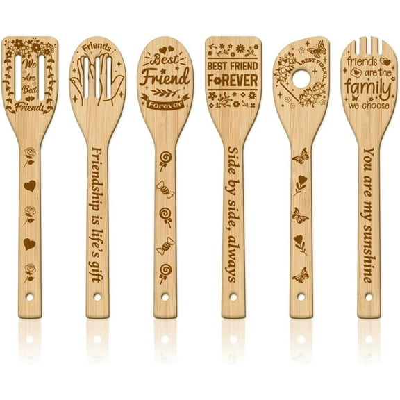 6Pcs Friendship Bamboo Cooking Utensils Wooden Engraved Cooking Spoons Set Carving Kitchen Bamboo Spatula Set Wood Cooking Spoon for Kitchen House Warming Gift