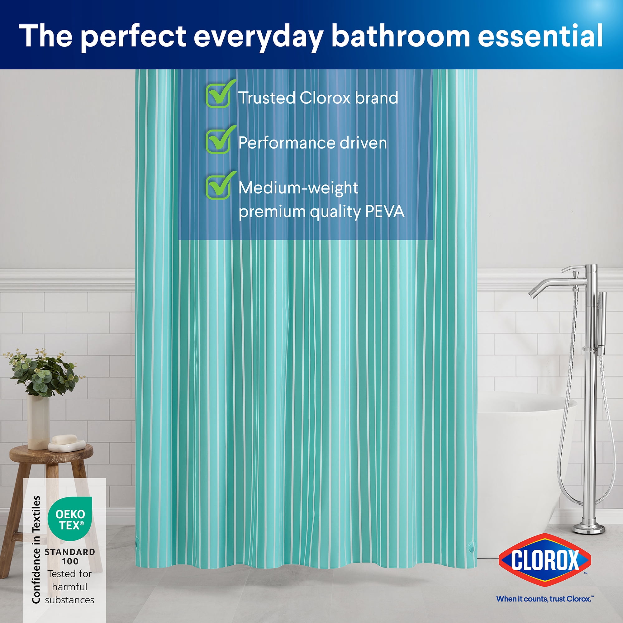 Clorox Shower Curtain Liner, Striped Waterproof 6g PEVA for Bathroom Standard Size 72" x 72", Aqua
