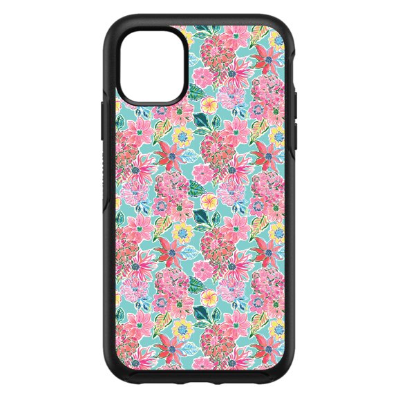 DistinctInk Custom SKIN / DECAL compatible with OtterBox Symmetry for iPhone 11 Pro (5.8" Screen) - Preppy Pattern - Pink Flowers on Teal Background