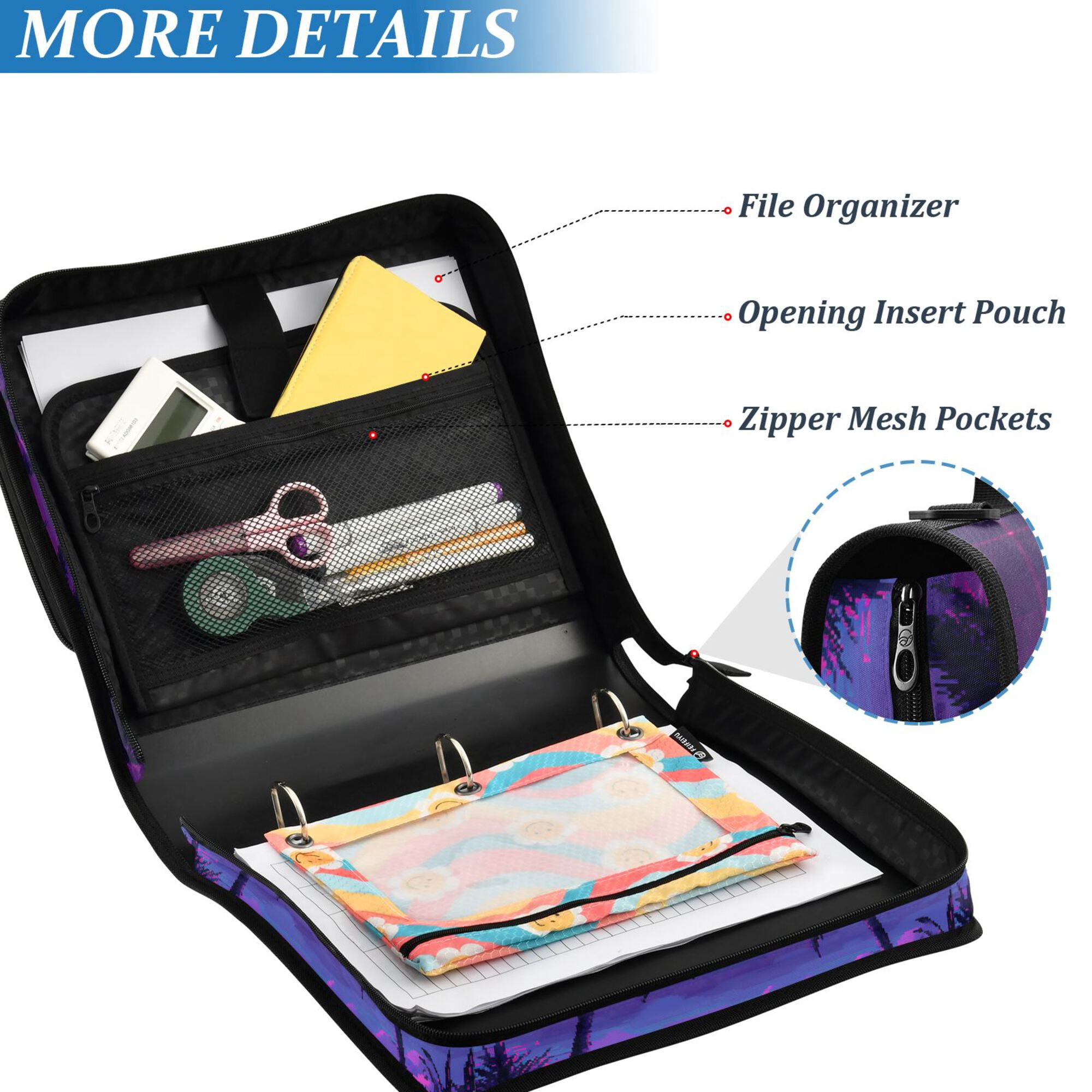 FORMRS Zipper Binder with Shoulder Strap 2-inch Ring 500 Sheet Capacity File Bag, Pink Digital Art