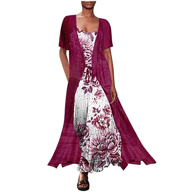 Chal Cruzado Para Mujervestido Camisero de Dos Piezas Con Chal Suelto de Manga Corta de Gasa Informal Para Mujer Con Tirantes Odeerbi ODB117795