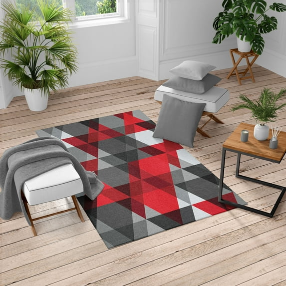 Geometric Turkish Area Rug, Abstract Geometric Pattern Vintage Inspired Retro Colors Old Style Graphic Art, Soft Carpet for Living Room Decor with Distressed Look, 4' X 5.7', Red Dimgray, by Ambesonne