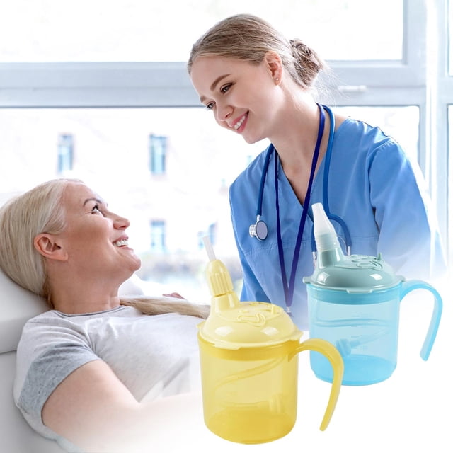 Plastic Feeding Cup, Anti-Choke Straw Vessel With Secure Lid and Flow Control, for Bedridden Patient Liquid Intake, Yellow