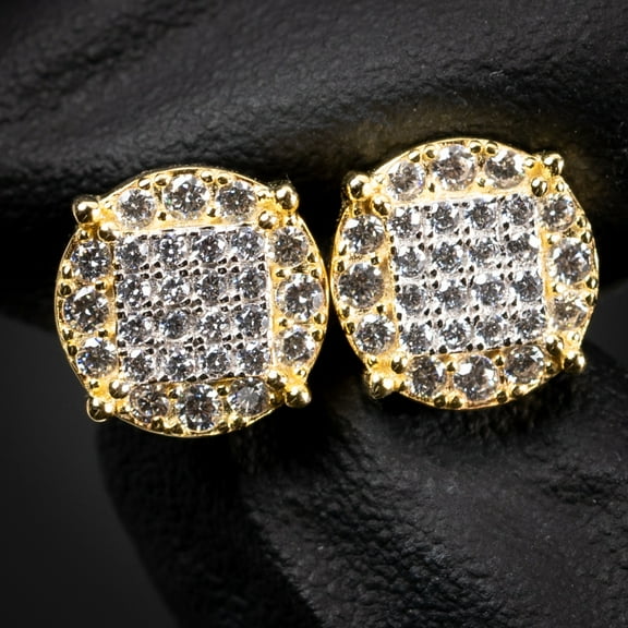 Men's Round Micro Pave Set Yellow Gold 925 Sterling Silver Iced Cz Hip Hop Stud Screw Back Earrings