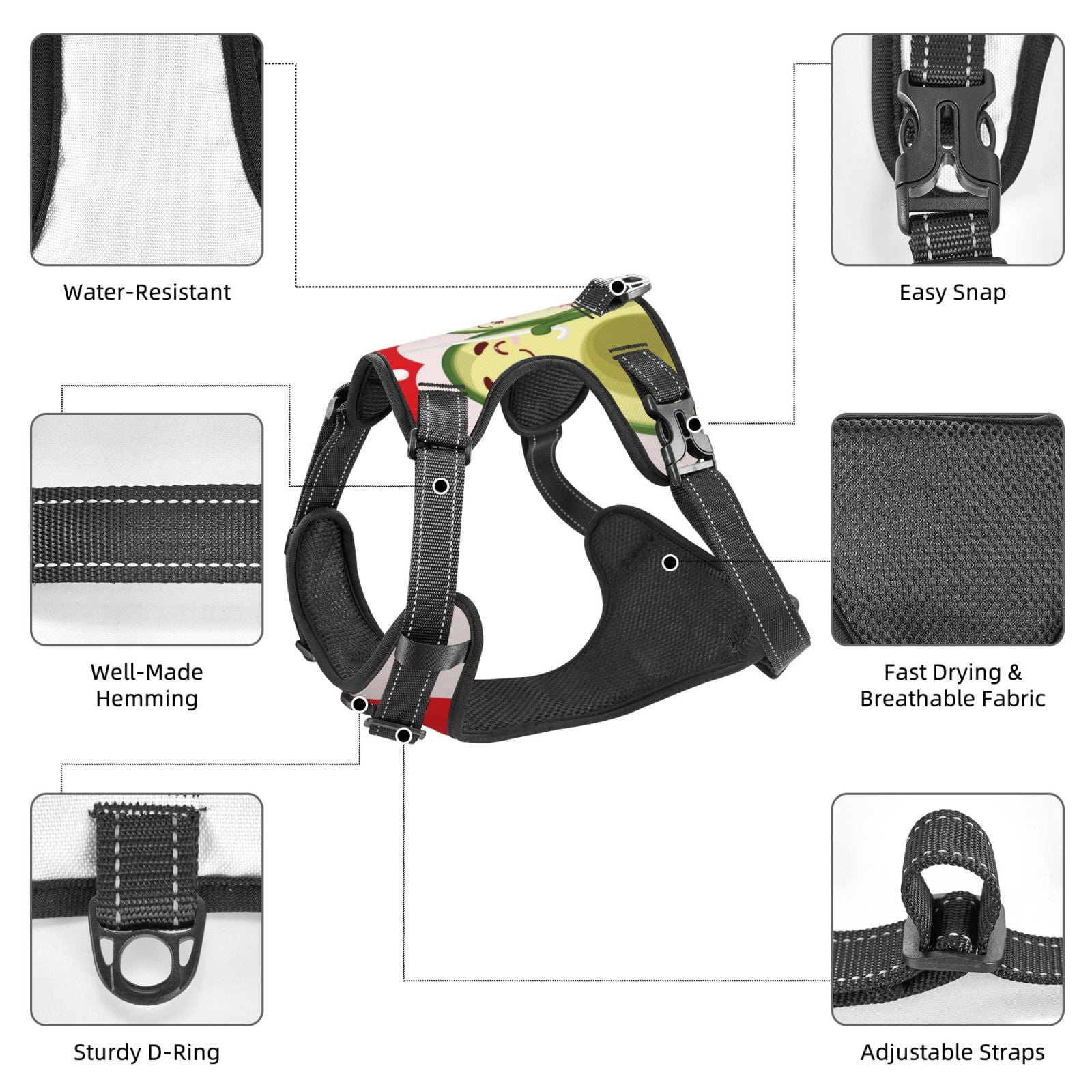 Vsdgher Avocado Lovers Wearing Umbrella Pattern Dog Harness,No Pull Pet Harness with Soft Padded Handle,Adjustable Reflective Vest with 2 Buckles,4 Slide Buckles,S-XL Medium