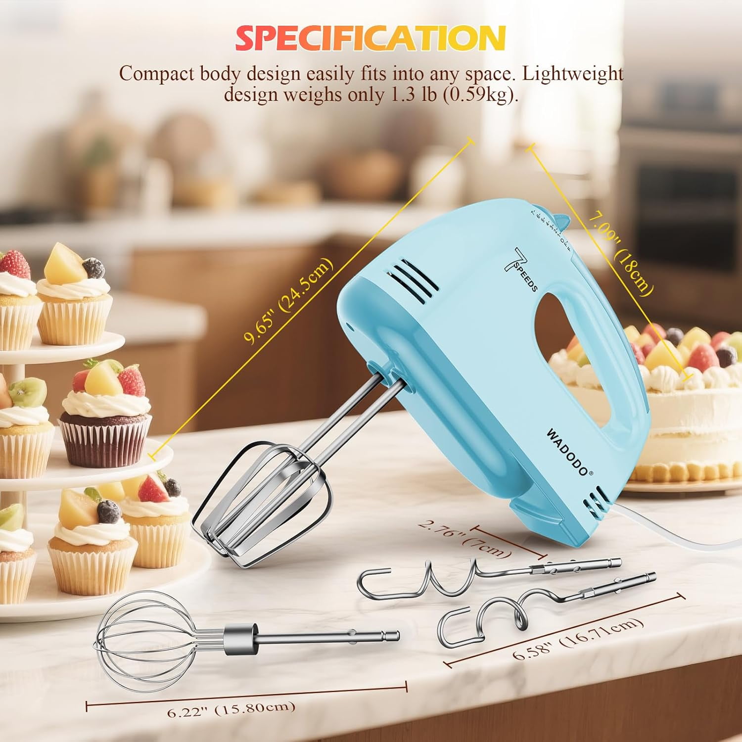 7-Speed Electric Hand Mixer – Portable Food Kitchen with 304 *(1x Whisk, 2x Beater, Dough hook) for Baking Cakes, Cream, Blue