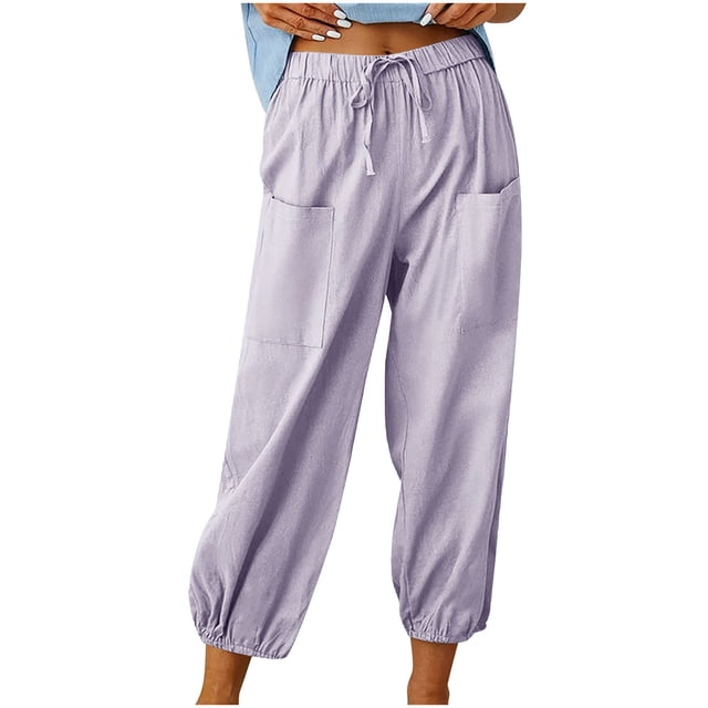 VEKDONE Womens Linen Long Pants Purple M