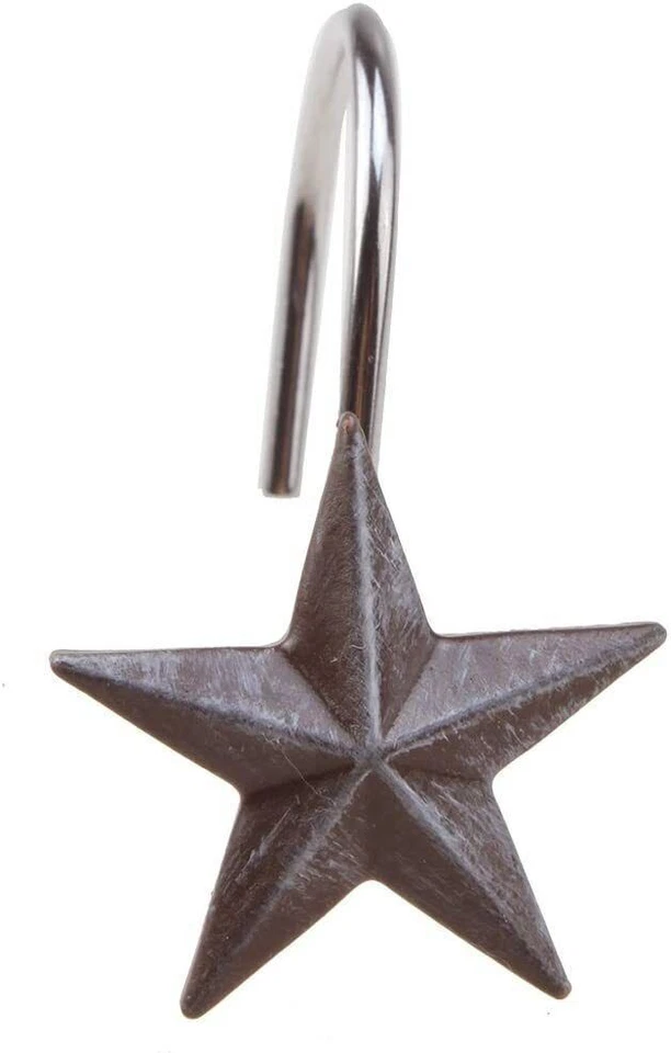 CIRCLE- Farmhouse Star Anti-Rust Shower Curtain Hooks - New - 12 Shower Curtain Rings