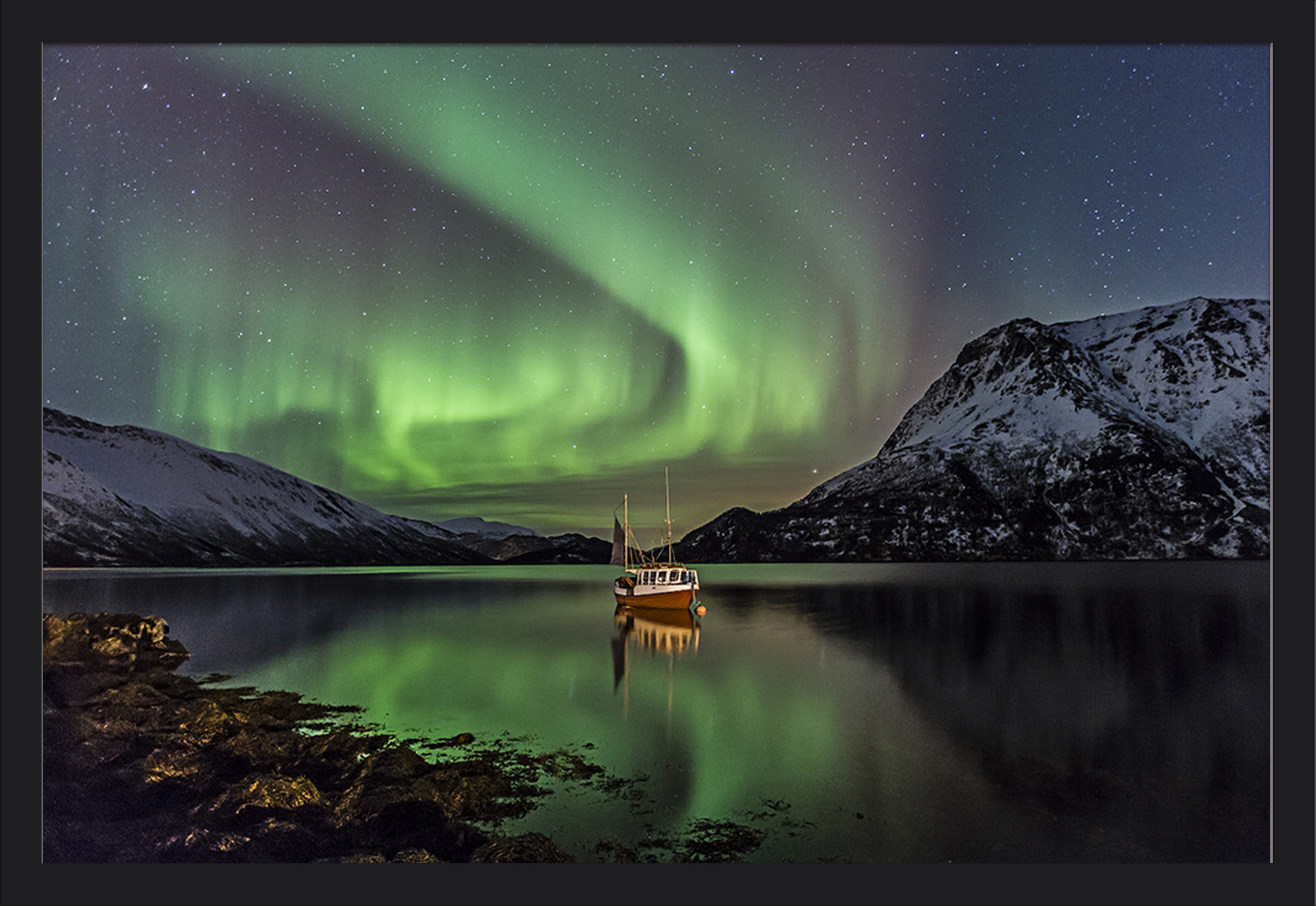 Fishing Boat on Lake & Northern Lights Lantern Press Photography