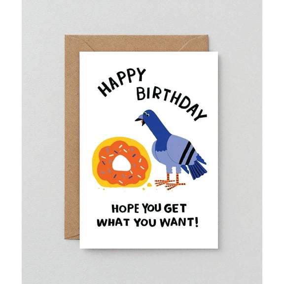Happy Birthday Card with Funny Pigeon and Donut Design – Envelope Included, Blank Inside – Perfect for Friends and Family Celebrations