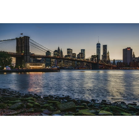 Manhattan skyline at twilight with Brooklyn Bridge Brooklyn Bridge Park Brooklyn New York City New York United States of America Canvas Art - F M Kearney  Design Pics (18 x
