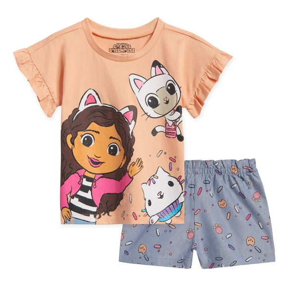 Dreamworks Gabby's Dollhouse Pandy Paws Cakey Cat Toddler Girls T-Shirt and paperbag waist Chambray Shorts Outfit Set Toddler to Big Kid