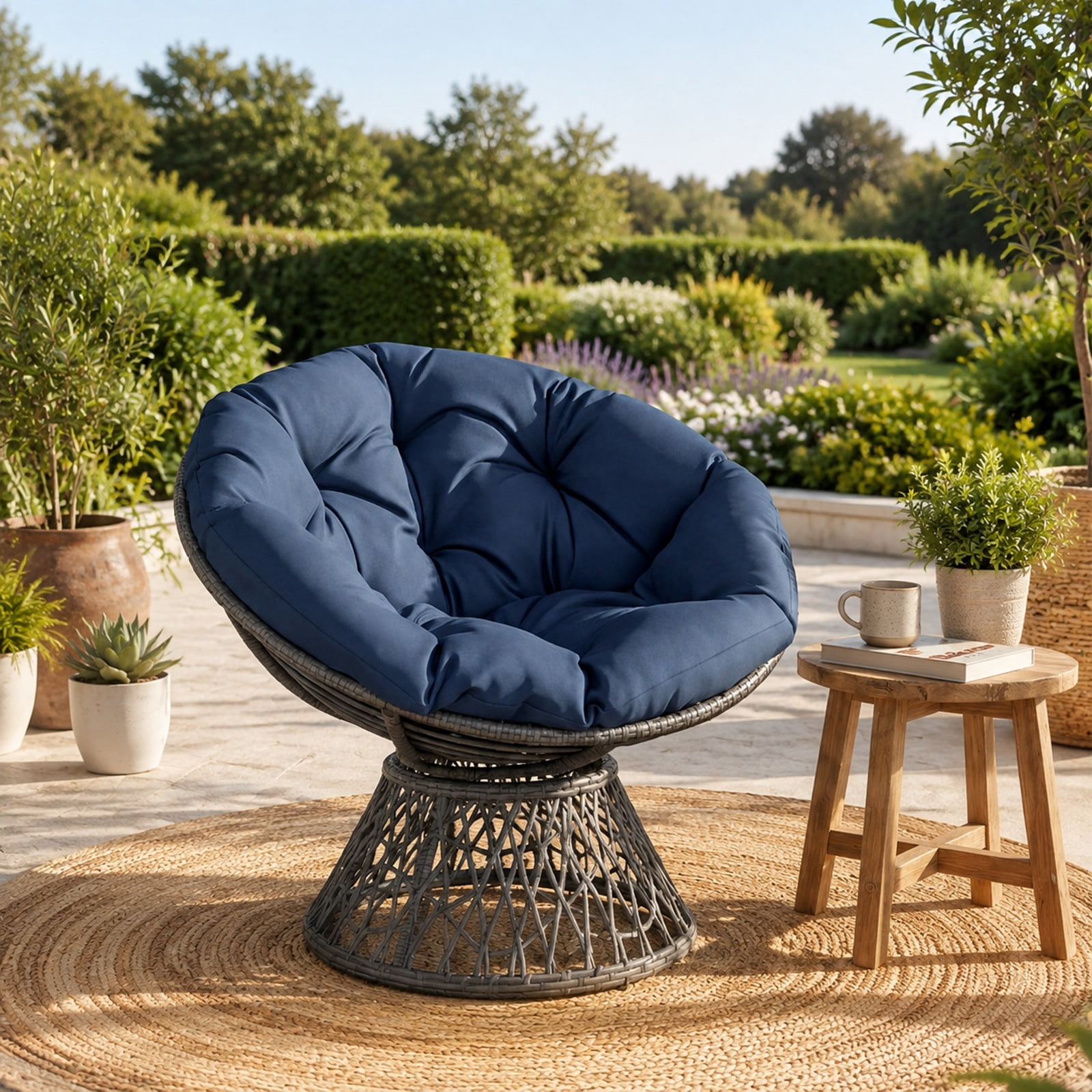 Furnibear Swivel Papasan Chair with Round Wicker Bowl Seat and Thick Soft Cotton Cushion for Living Room Bedroom and Patio, Navy
