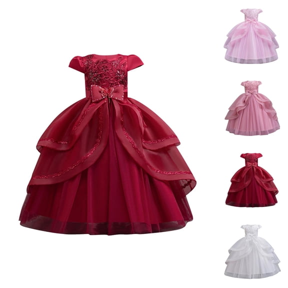 Sequined Embroidered Girls' Princess Wedding Dress, Puff Short Sleeve Crewneck Tulle Formal Party Dress with Bow & High Waist Swing Design
