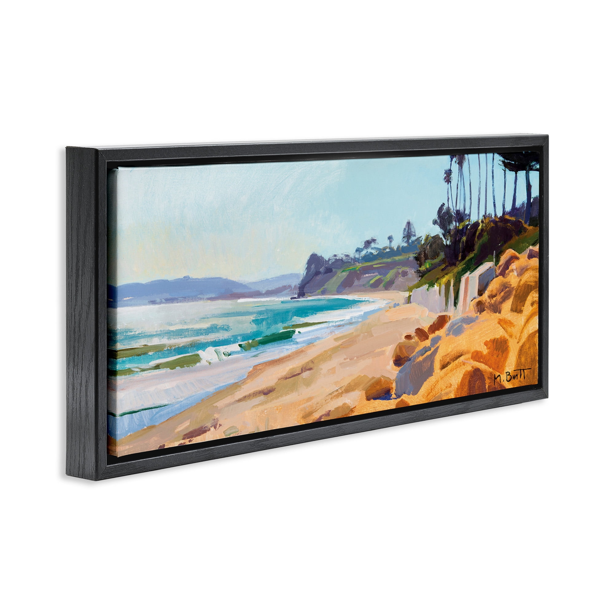 Stupell Industries Summer Beach Landscape Painting Nature Painting Black Floater Framed Canvas Art Print Wall Art, 25 x 11