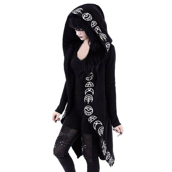 jsaierl Women Long Sleeve Punk Moon Print Hooded Black Cardigan Jacket Coat Plus Size