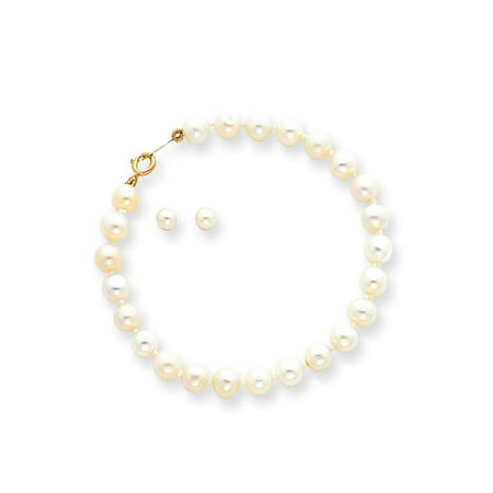 14k الذهب الأصفر 5mm الأبيض المياه العذبة مثقف اللؤلؤ سوار بعد أقراط تعيين هدايا للنساء لها