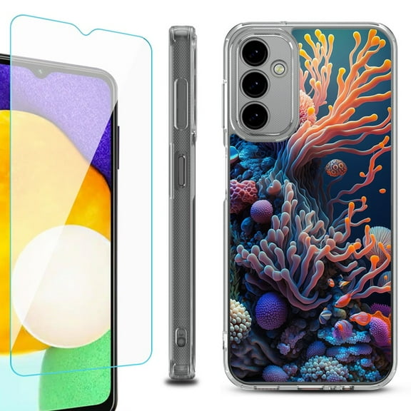 Shockproof Bumper Phone Case for Samsung Galaxy A14 5G, with Tempered Glass Screen Protector, by OneToughShield ® - Coral
