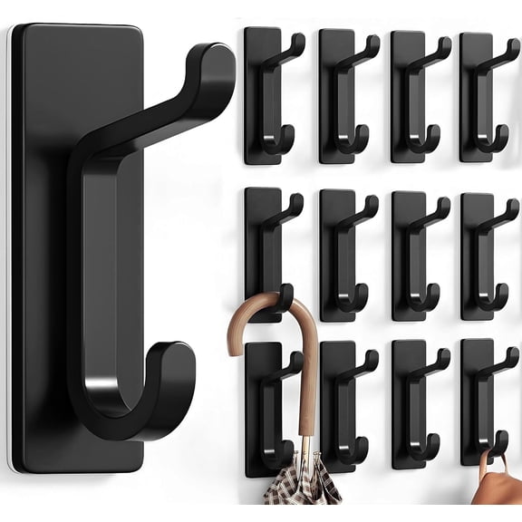 12 Pack Adhesive Wall Hooks, 13LB Heavy Duty Coat and Towel Hooks, Black Stick On Door Hangers for Bathroom, Kitchen, Bedroom and Home Organization
