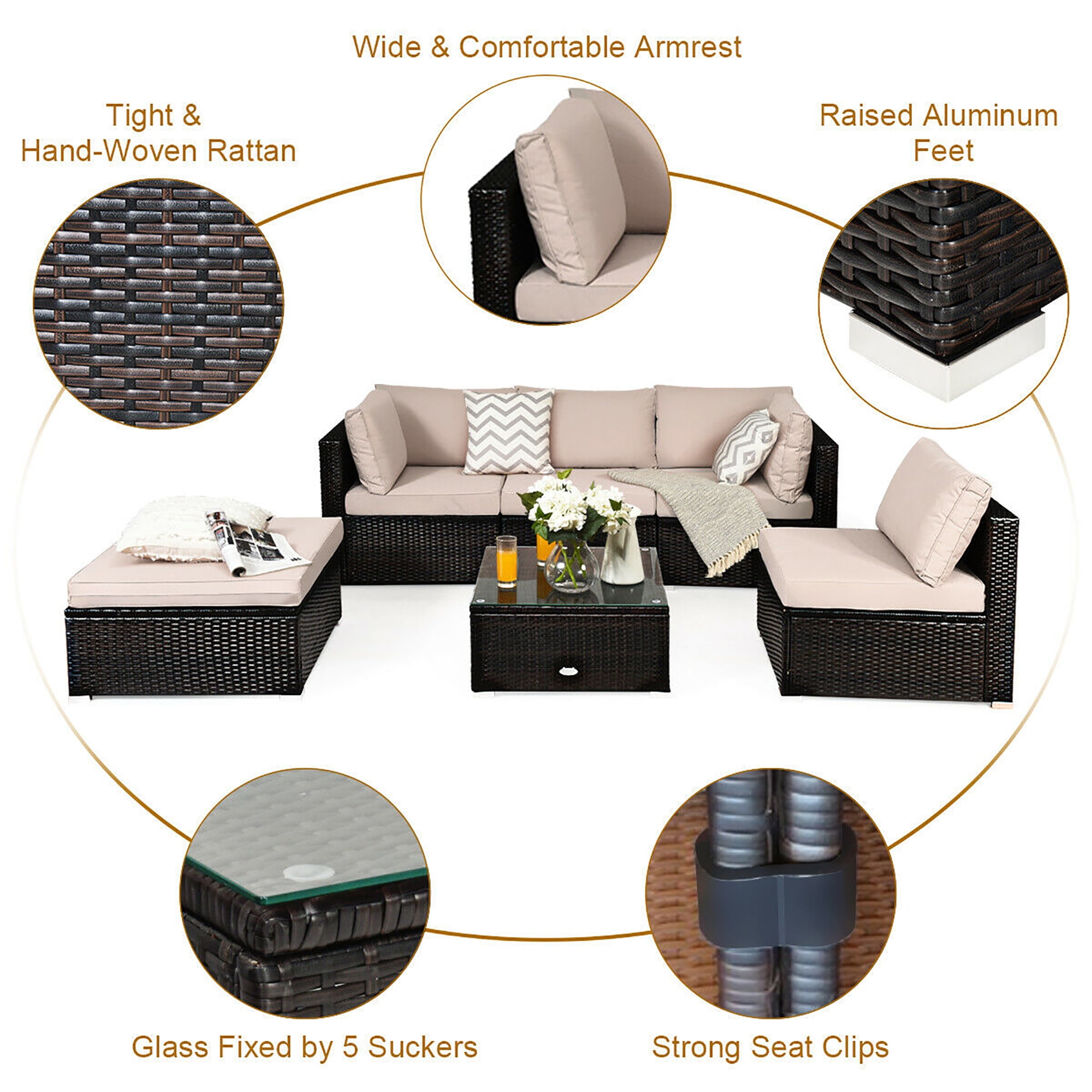 Costway 6PCS Outdoor Patio Rattan Furniture Set Cushioned Sectional Sofa Ottoman