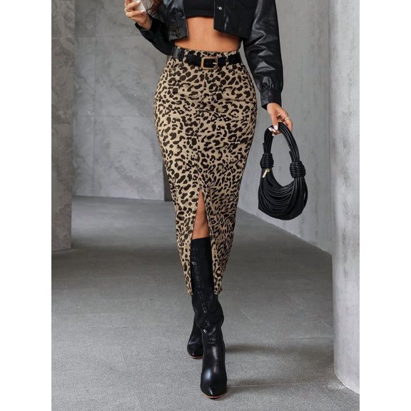 Women Leopard Print Slit Pencil Skirt Coffee Brown Casual Vacation
