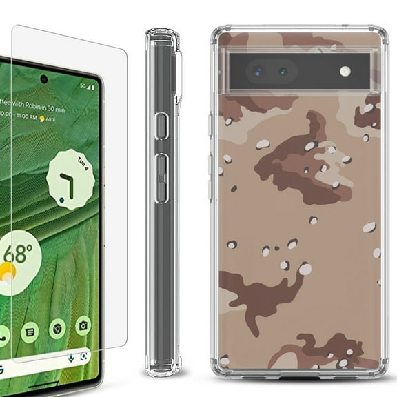 Shockproof Bumper Phone Case for Google Pixel 6a, with Tempered Glass Screen Protector, by OneToughShield ® - Desert Camo