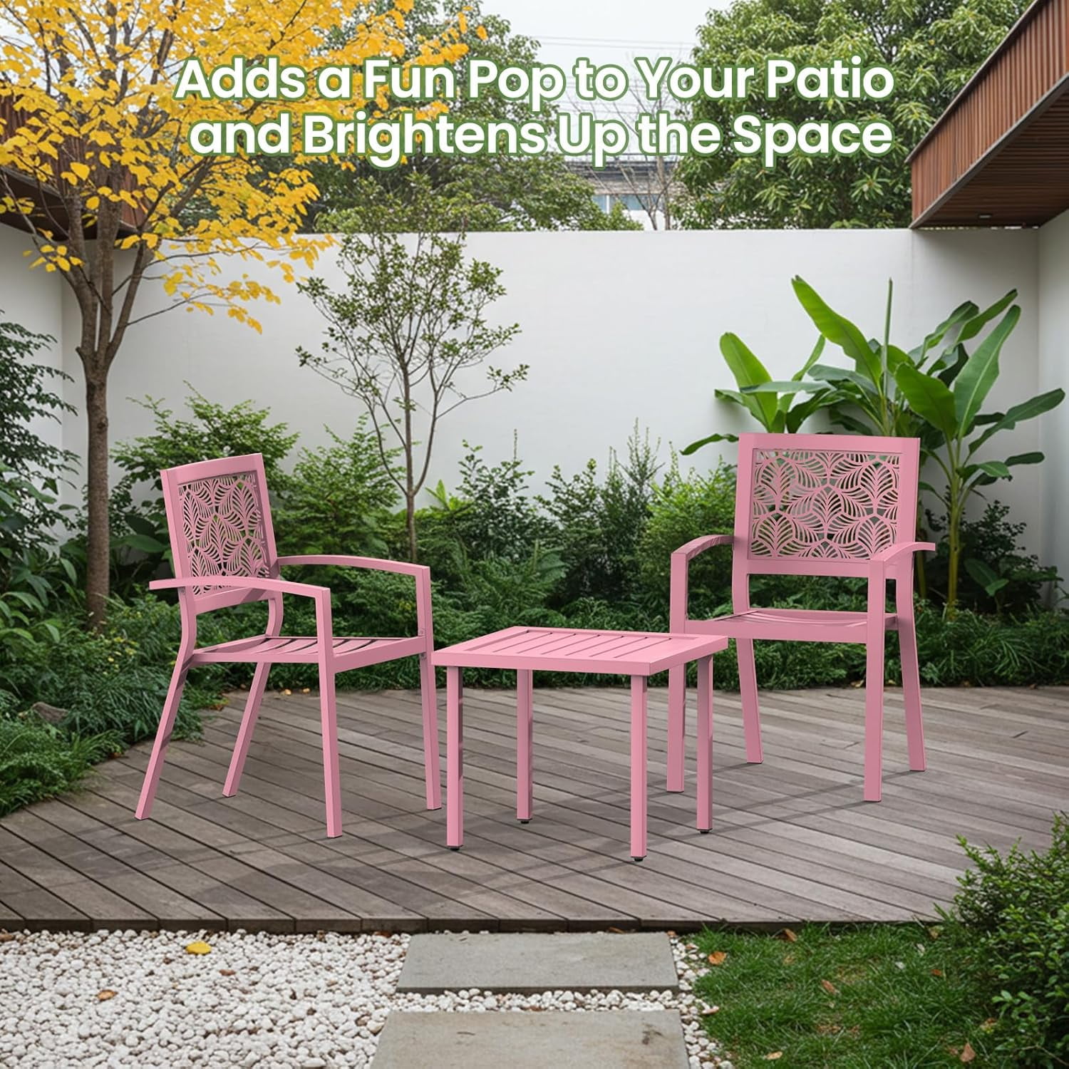 3 Piece Patio Bistro Set, Outdoor Steel Furniture Set, Stackable Modern Conversation Sets for Balcony Garden Deck Patio w/2 Chairs 1 Table, Pink