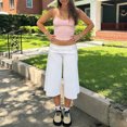 thumbnail image 4 of RUINIXCW Fold Over Capri Pants for Women Flowy Wide Leg Capri Pants Low Rise Yoga Culottes Pants Foldover Leggings Summer Beach Crop Palazzo Pants, 4 of 10