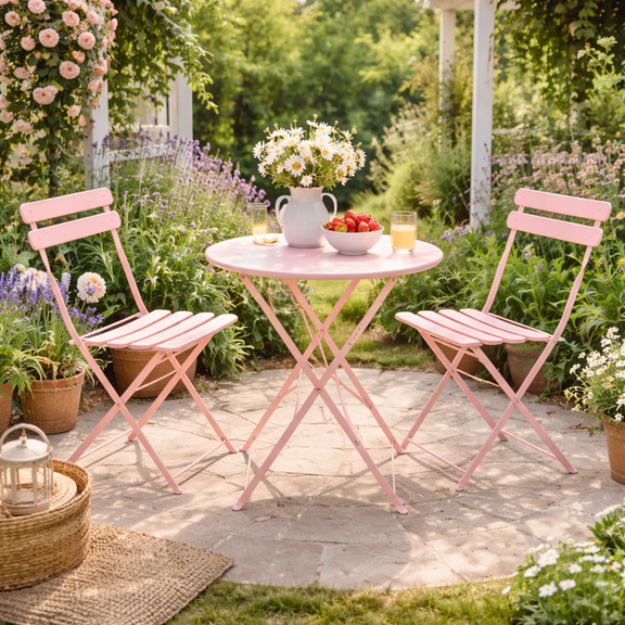 Bananova 3 Piece Outdoor Folding Bistro Set, Metal Patio Table and Chairs Set, Round Garden Table with 2 Folding Chairs for Patio Balcony Yard, Yellow