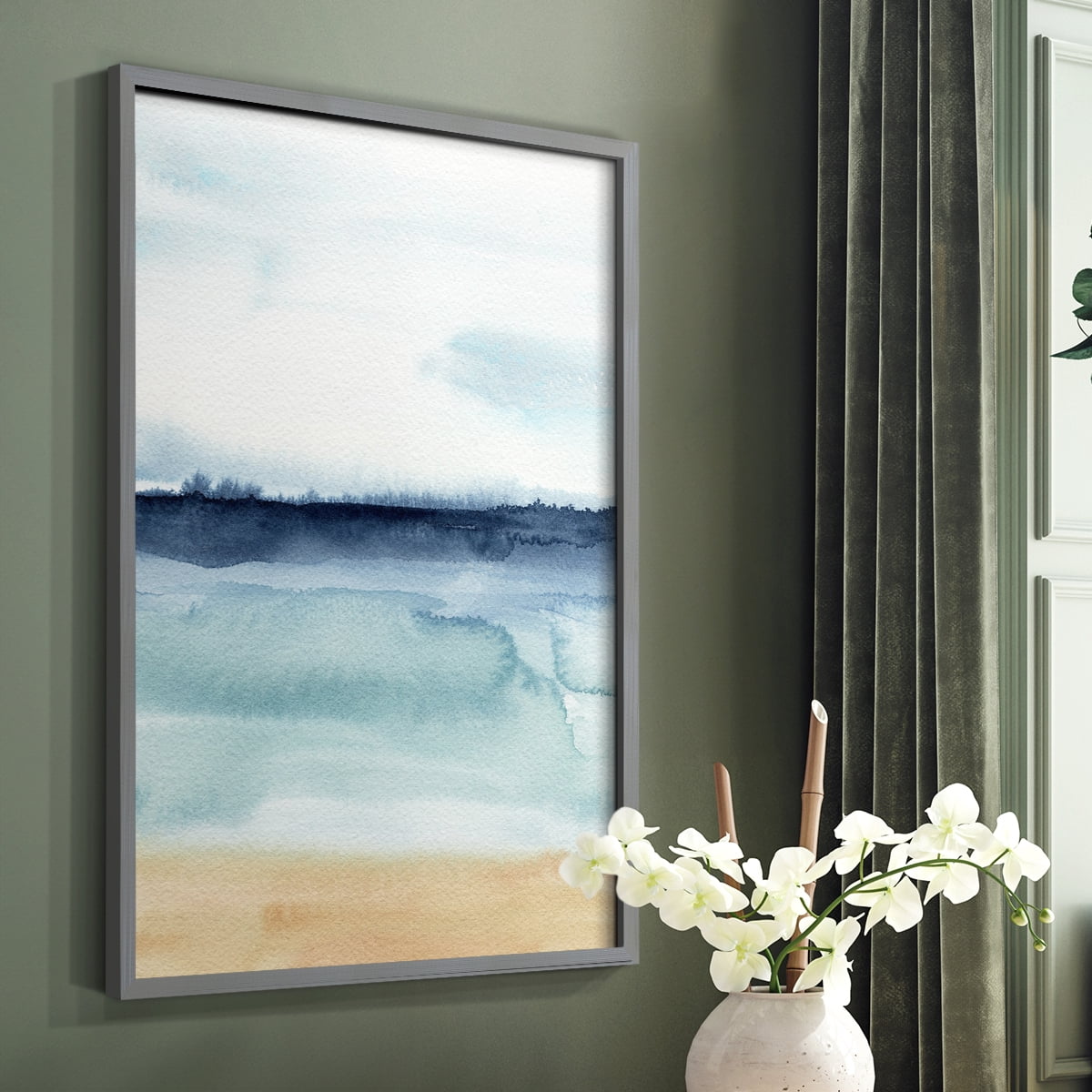 Watercolor Ocean Horizon I Framed Print in Gray Solid Wood 8 x 10 Framed Print