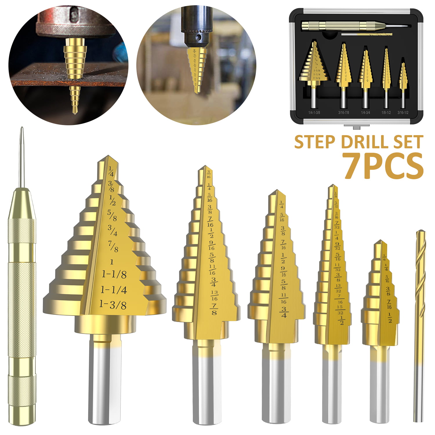 6Pcs Steel Step Drill Bit Set HSS Titanium Cone Multiple Hole 50 Size wit