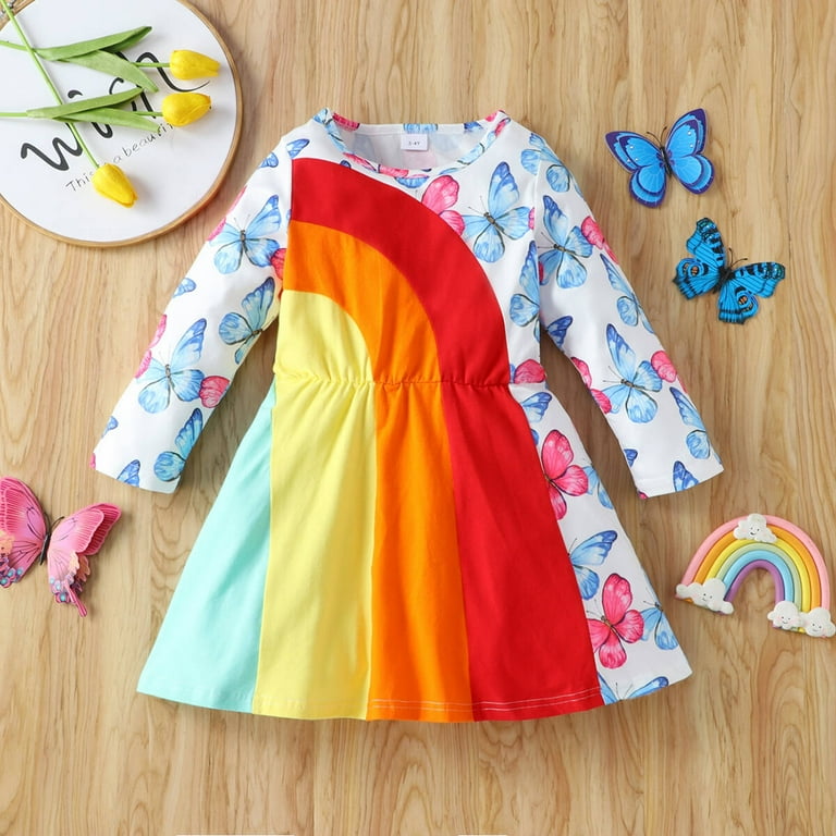 Popshion Little Girls Butterfly Rainbow A-Line Dress Long Sleeve Summer  Fall Dresses 18M-6T - Walmart.com
