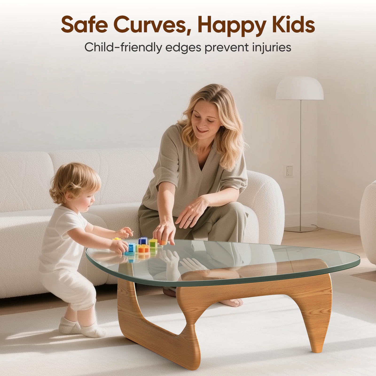 Cottinch 50" Triangle Glass Coffee Table with Wood Base for Living Room Office, Light Walnut