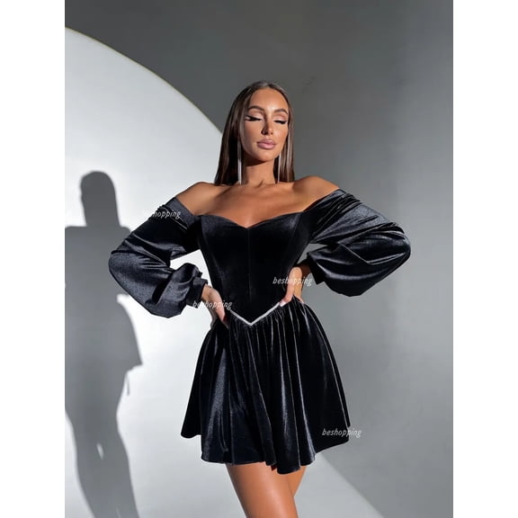 Women's Sweetheart Neck Velvet Mini Dress Lace Up Bubble Long Sleeve Off Shoulder Slim Evening Party Dress