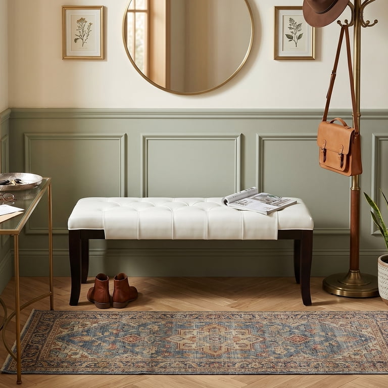 Roundhill Furniture Linon Tufted Leather Bench, White photo 3