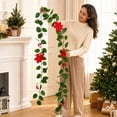 thumbnail image 6 of Christmas Holly Garland with Poinsettia, 6.56ft Flexible Vine Garland with Green Leaves, Realistic Faux Greenery Hanging Decor for Fireplace, Wall, Staircase & Holiday, 6 of 6