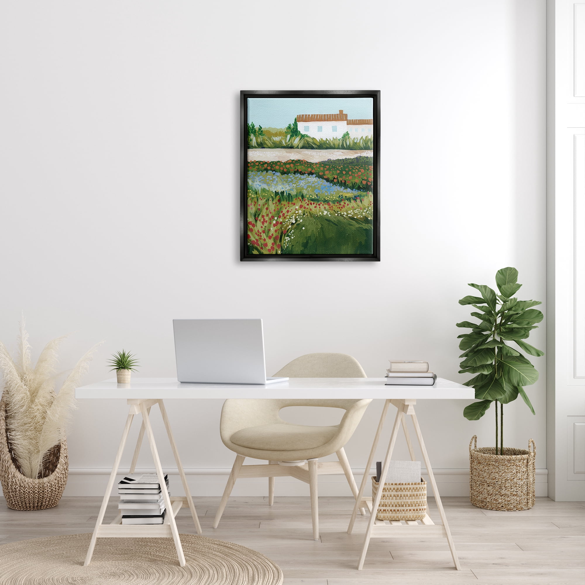 Stupell Country Cottage Meadow Road Landscape Painting Black Floater Framed Art Print Wall Art