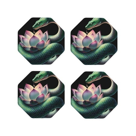 

Tideii Snake Holding A Lotus for Leather Coasters 4 Pieces Anti-fouling and Anti-scalding Decorative Coasters Suitable for Restaurants Kitchens Coffee Shops-Octagon