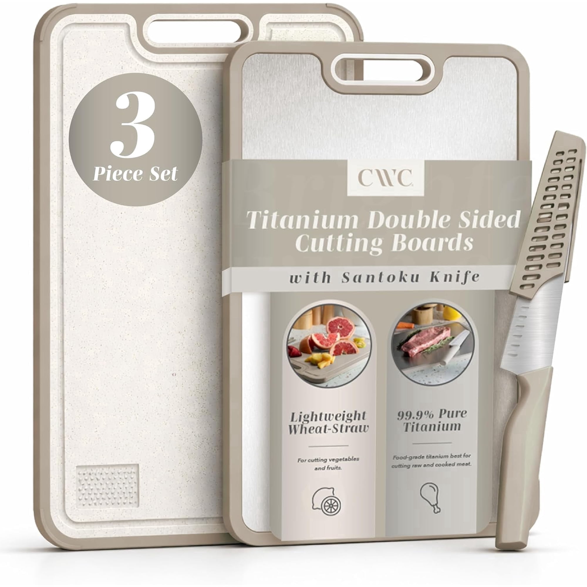 COOK WITH COLOR Titanium Cutting Boards for Kitchen, 3 Pc Cutting Board Set with Knife, Double Sided Food Grade, Pure Titanium, Easy to Clean