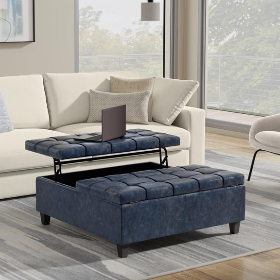 Harrison 40 inch Wide Transitional Large Square Coffee Table Storage Ottoman in Denim Blue Vegan Leather