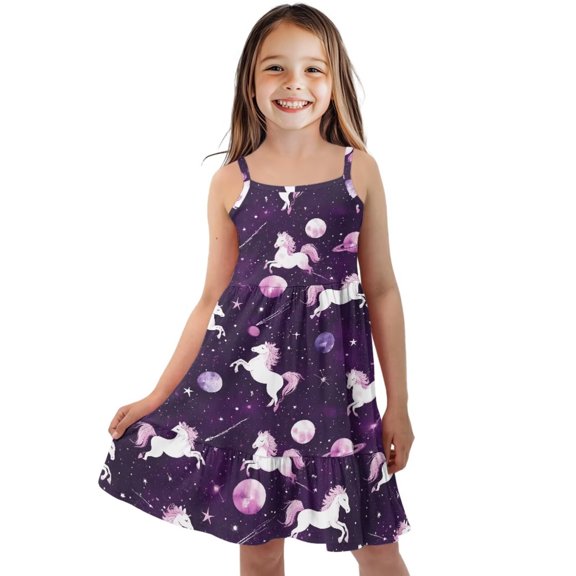 Uourmeti Toddler Girls Summer Dresses Horse Space Print Midi Tiered Dress 7-8T for Kids Causal Beach Sundress Cute A Line Skater Swing Twirly Dress